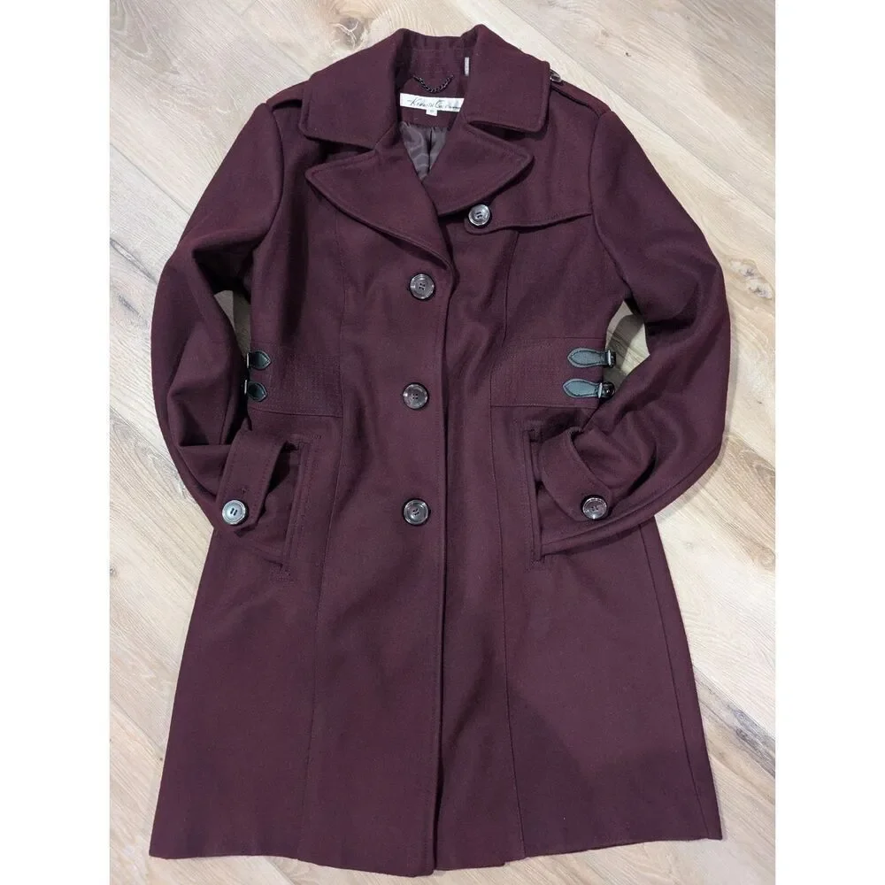 Kenneth Cole Women’s 10 Long Wool Dress Coat A-Line Fit & Flare Buckle Detail Me